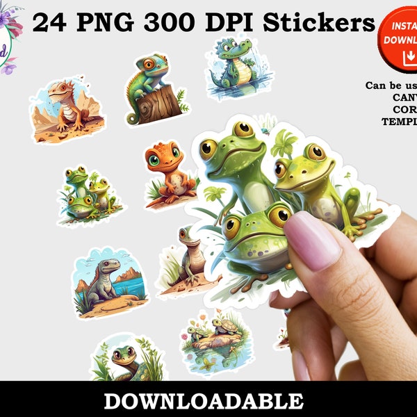 Boys Reptile Stickers, Frogs, Crocodile, Snake Print and Cut Digital PNG Sticker Sheets, 24 Different Designs, Fun Sticker, Instant Download