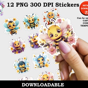Printable Bees Print and Cut Digital PNG Sticker Sheets, 12 Different Designs Fun and Colorful Bee Sticker Pack Bundles Instant Download