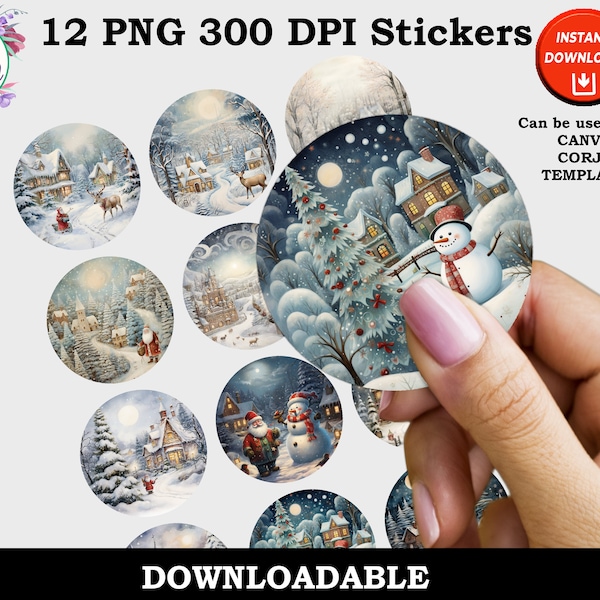 Printable Christmas Scene Stickers, Print and Cut Digital PNG Christmas Sticker Sheet 12 Designs, Envelope Sticker Instant Download, Digital