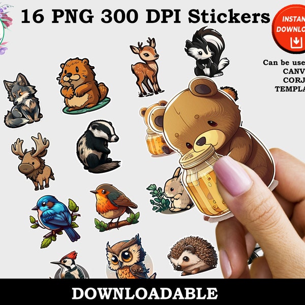 Cute Woodland Animals Print and Cut Digital PNG Sticker Sheets, 16 Different Designs, Forest Animal Sticker Pack Bundles Instant Download AI