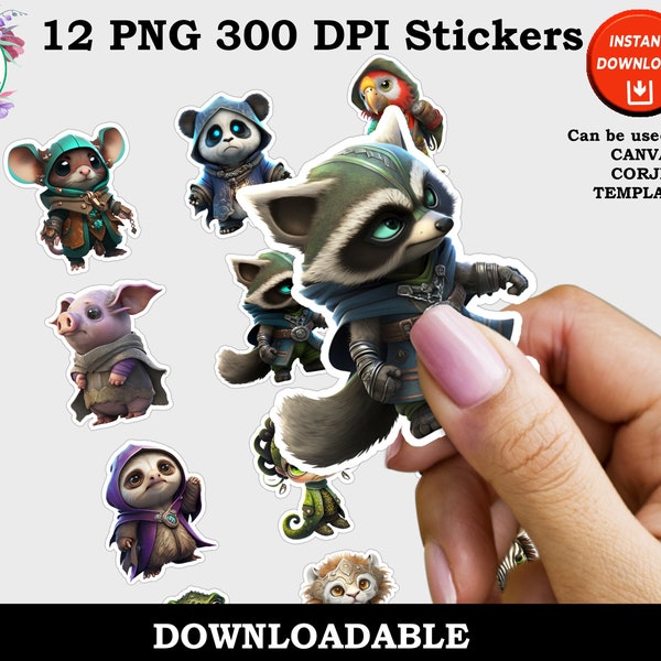 Role Playing Game Animal Character Print and Cut Digital PNG Sticker Sheets, RPG Characters, 12 Different Design Printable Stickers Part Two