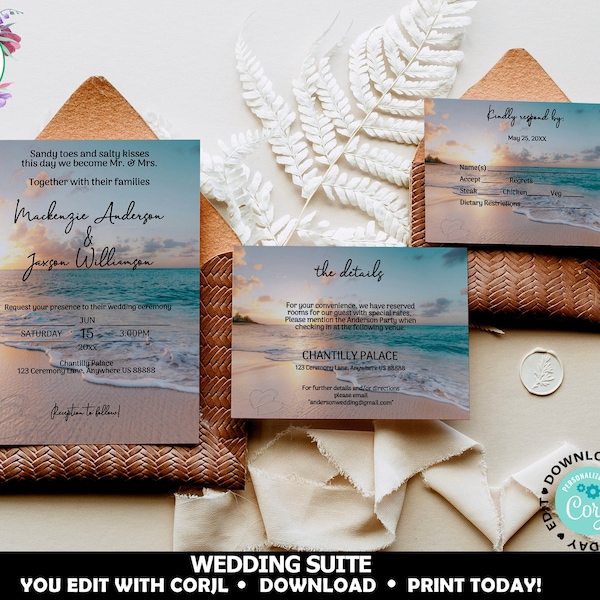 Printable Beach Wedding Suite Invitation, Beachy Wedding Invitation, Editable Ocean Wedding Invitation Suite, Romantic Wedding Invitation
