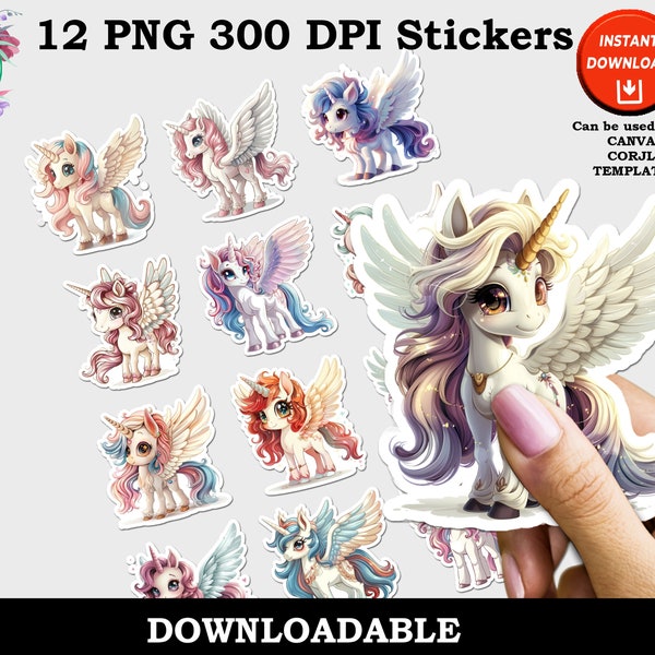 Fairy Unicorn Stickers Print and Cut Digital PNG Sheets, 12 Different Designs, Flying Unicorn Sticker  Pack, Cute Unicorn Printable Stickers