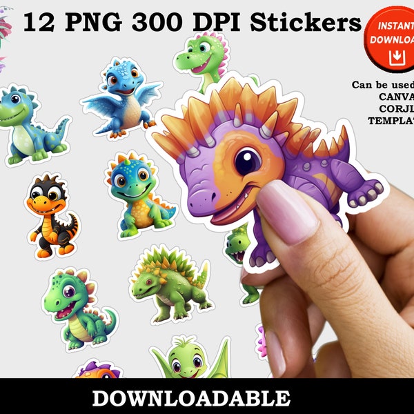 Printable Cute Dinosaur Stickers, Dinosaur Print and Cut Digital PNG Sticker Sheets, 12 Fun Sticker Designs, Instant Download, Part 1