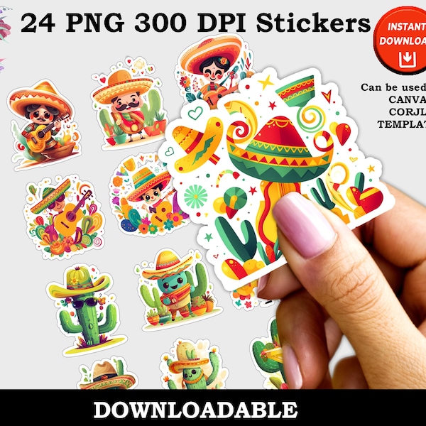 Cinco De Mayo Stickers, Cinco De Mayo Print and Cut Digital PNG Sticker Sheet, 24 Different Design Stickers, Printable Cinco De Mayo