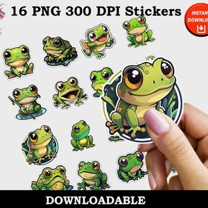 Printable Frog Print and Cut Digital PNG Sticker Sheets, 16 Different Designs Fun and Cute Toad Sticker Pack Bundles Instant Download