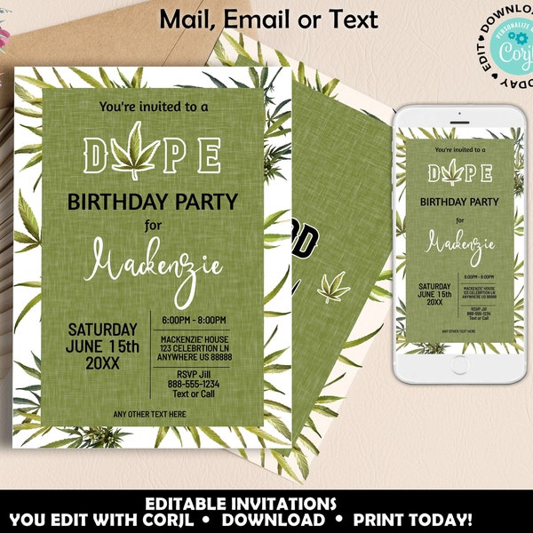 Cannabis Birthday Party Invitation, Weed Party Invitation, Marijuana Birthday Invitation, Pot Birthday Party Invite, Marijuana Party Invite