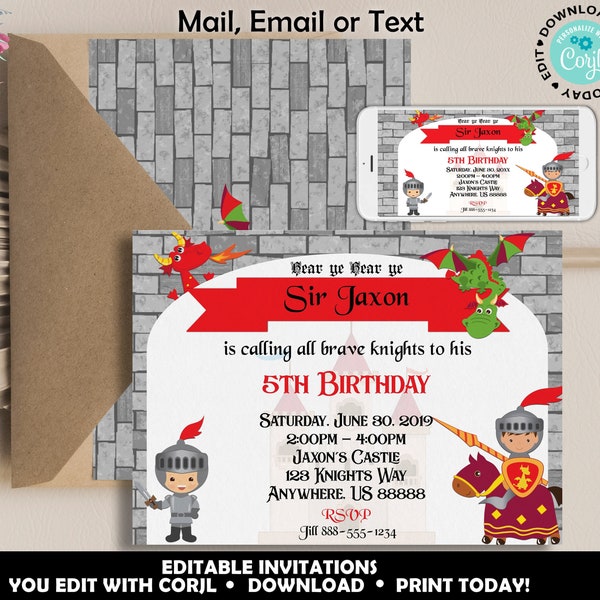 Knights and Dragons Birthday Party Invitation, Printable Medieval Knights and Dragons Birthday Invite, Editable Dragons Birthday Party