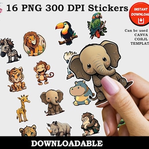 Jungle Animals Print and Cut Digital PNG Sticker Sheet, 16 Different Designs, Safari Animals Sticker Pack Bundles Instant Download Printable