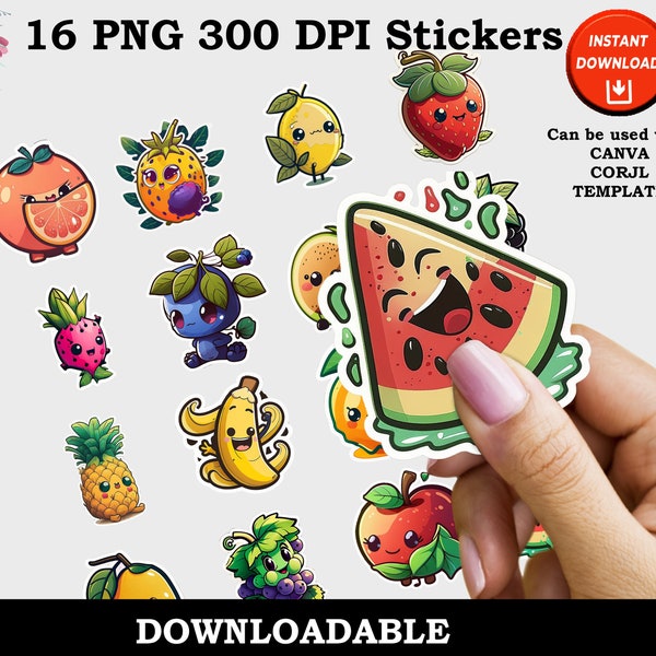 Fun Fruit Print and Cut Digital PNG Sticker Sheets, 16 Different Designs Fun Fruit Sticker Pack Bundles Instant Download Printable