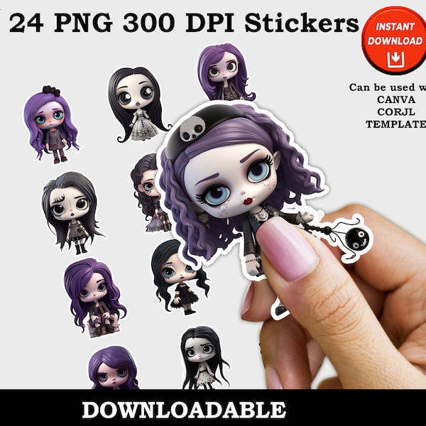 Printable Cute Goth Dolls Print and Cut Digital PNG Sticker Sheet, 24 Different Designs, Gothic Journal Stickers, Die Cut Stickers Vinyl