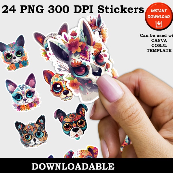 Animal Dia De  Los Muertos Stickers, Day of the Dead Sugar Skull Animal Print and Cut Digital PNG Sticker Sheet, 24 Different Designs