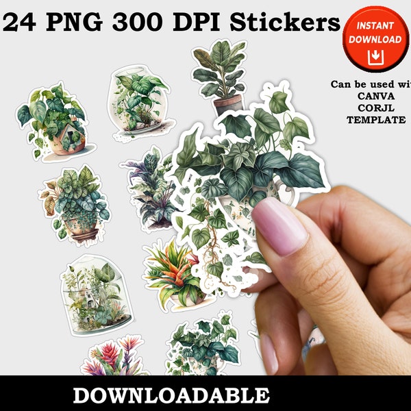 House Plant Stickers, House Plants Print and Cut Digital PNG Sticker Sheet, 24 Different Designs, Printable Die Cut Stickers