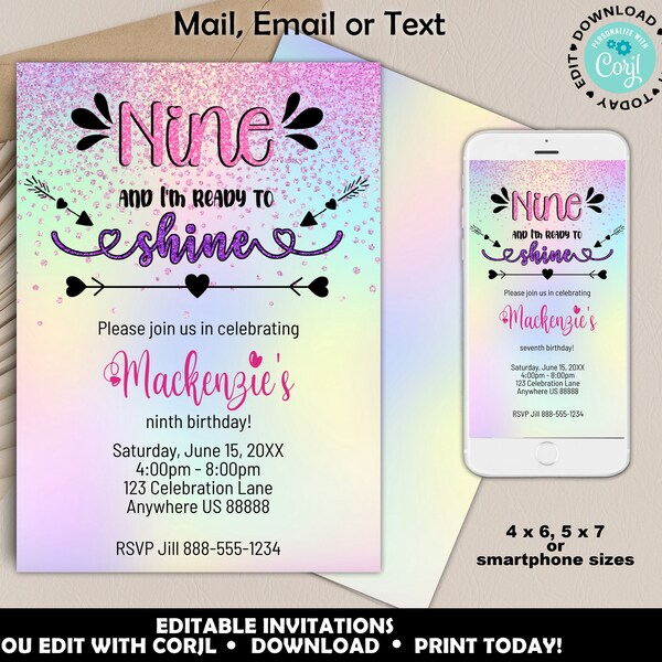 9 Year Old Girl Birthday Invitation Etsy