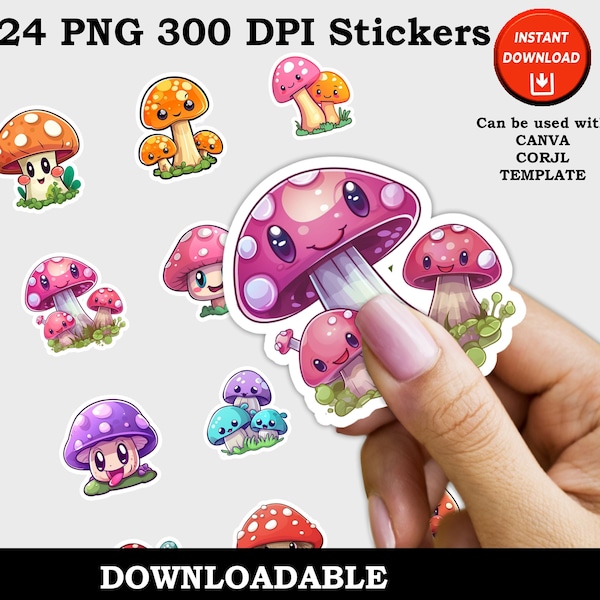 Cute Mushroom Print and Cut Digital PNG Sticker Sheet, 24 Different Designs, Mushroom Journal Stickers, Die Cut Stickers Vinyl Printable