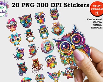 Printable Cute Owl Print and Cut Digital PNG Sticker Sheet, 20 Different Designs, Teacher School Sticker Pack Bundles Instant Download