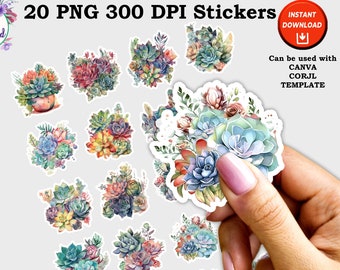 Succulent Print and Cut Digital PNG Sticker Sheets, 20 Different Designs, Succulent Plant Journal Stickers, Die Cut Stickers Vinyl Printable