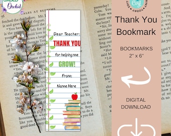 Cute Thank You Teacher Bookmarker, Teacher Appreciation Bookmark, Thank You Gift for Teacher, Editable Thank You Teacher, Digital Download
