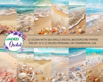 Ocean and Seashells Backgrounds, 12 Digital Download Pages of Hi Res Images for Craft Projects, Invitation, Scrapbooks, Weddings Background