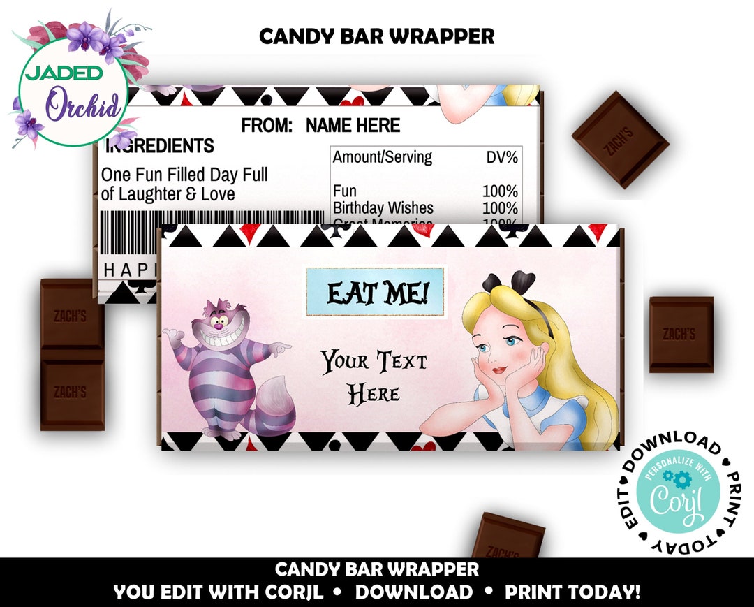 Alice in Wonderland Candy Bar Wrapper, Mad Hatter Tea Party Candy Bar ...