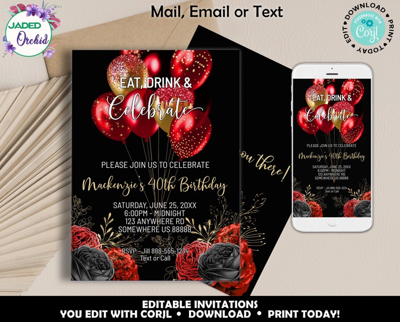 Red Black and Gold Party Invitation Red and Gold Birthday Etsy