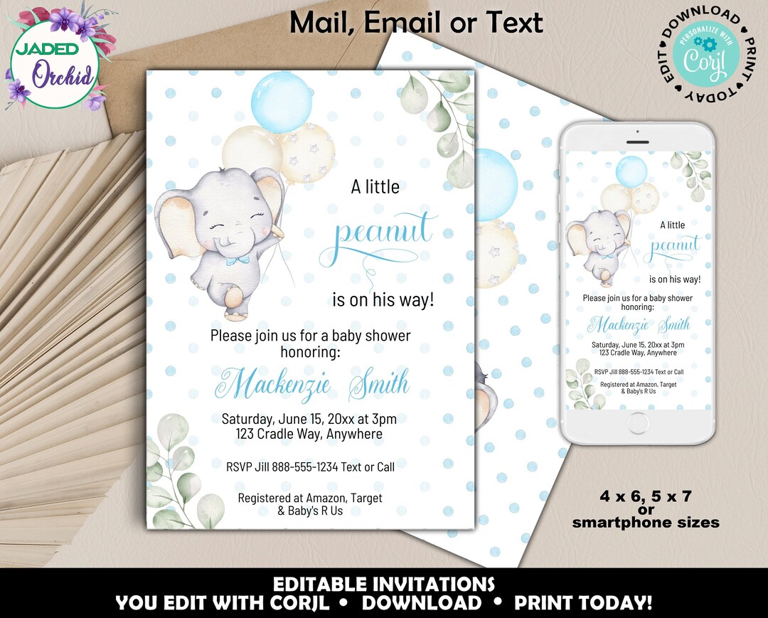Printable Boy Elephant Baby Shower Invitation, A Little Peanut Elephant