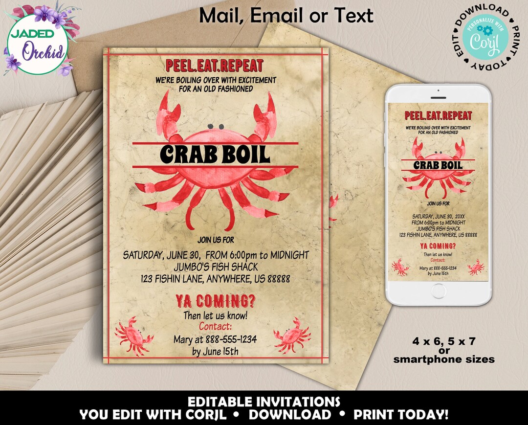 Crab Low Boil Party Invitation, Printable Crab Boil Invitation, Seafood ...