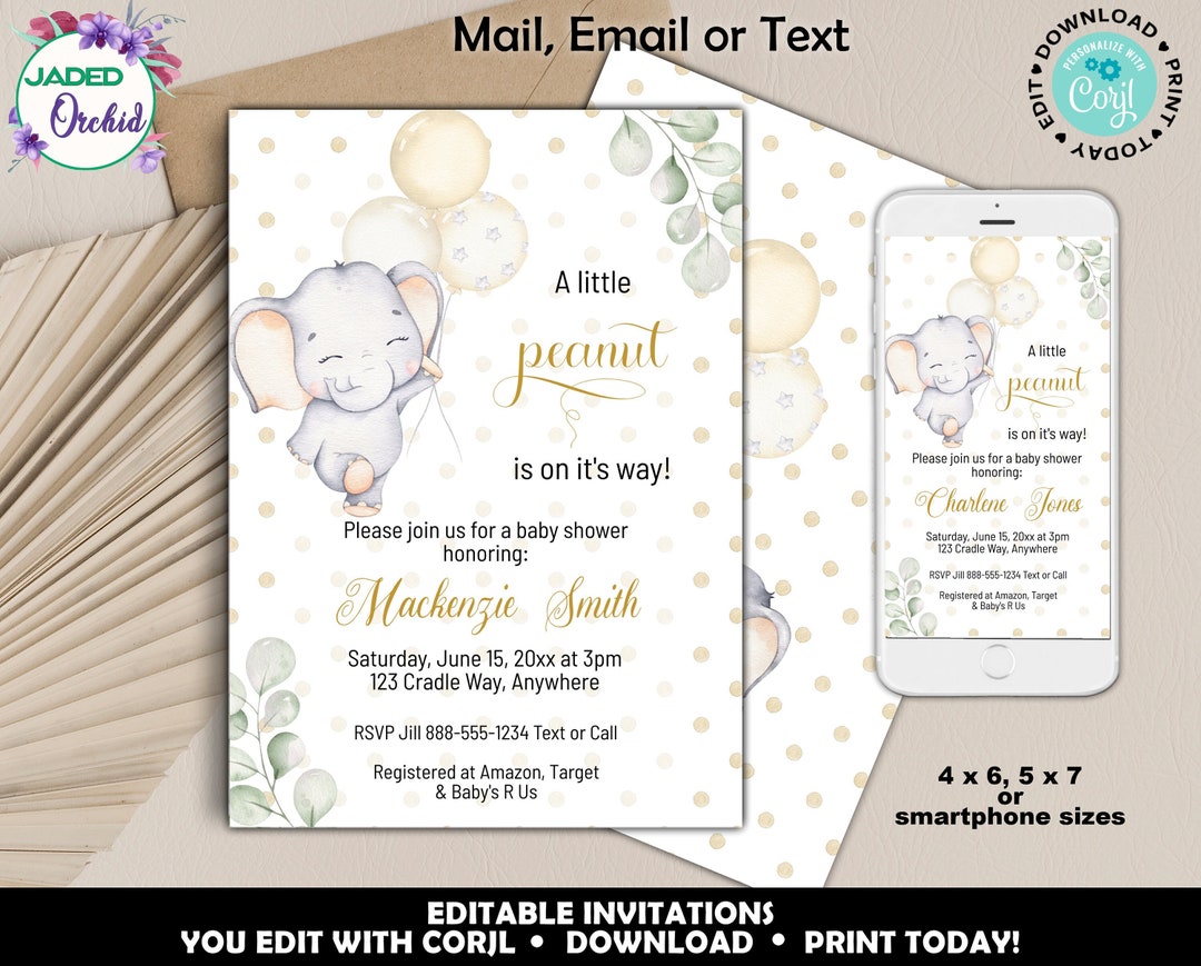 Printable Gender Neutral Elephant Baby Shower Invitation, A Little Peanut Elephant Baby Shower