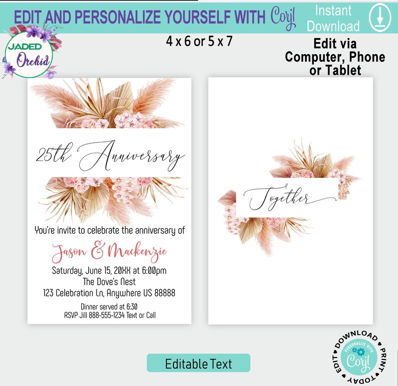 Editable Anniversary Party Invitation Pampas Grass Anniversary Invitation Any Year Wedding Anniversary Invitation Anniversary Invite