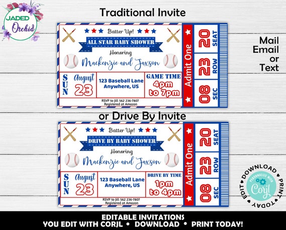 All Star Baseball Ticket Baby Shower Invitations