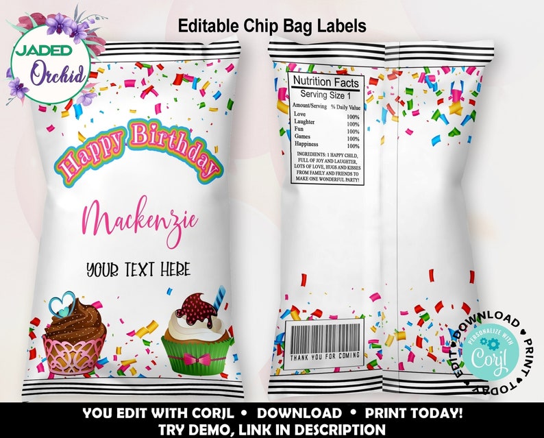 Birthday Party Chip Bag Editable Chip Bag Label Printable Etsy