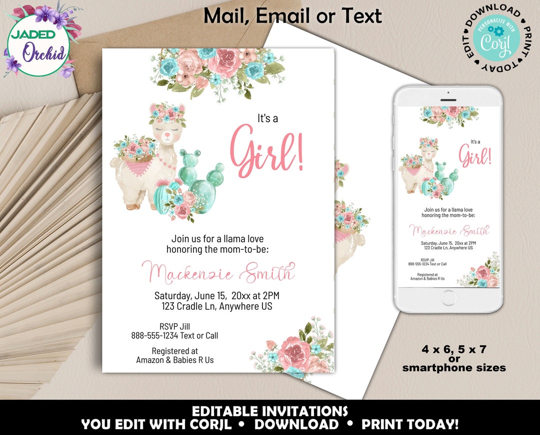 Printable Llama Baby Shower Invitation Bundle, Cactus Llama Baby Shower ...
