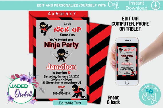 Printable Ninja Warrior Boys Invitation YOU EDIT//PRINT Digital PDF /& JPG Corjl