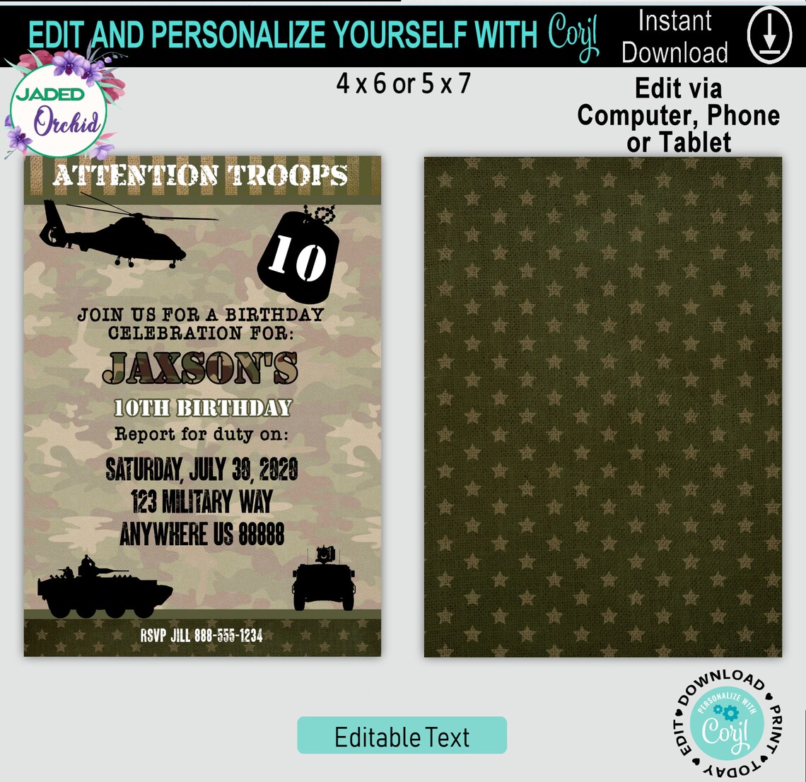 Military Army Birthday Party Invitation Army Birthday Invite - Etsy