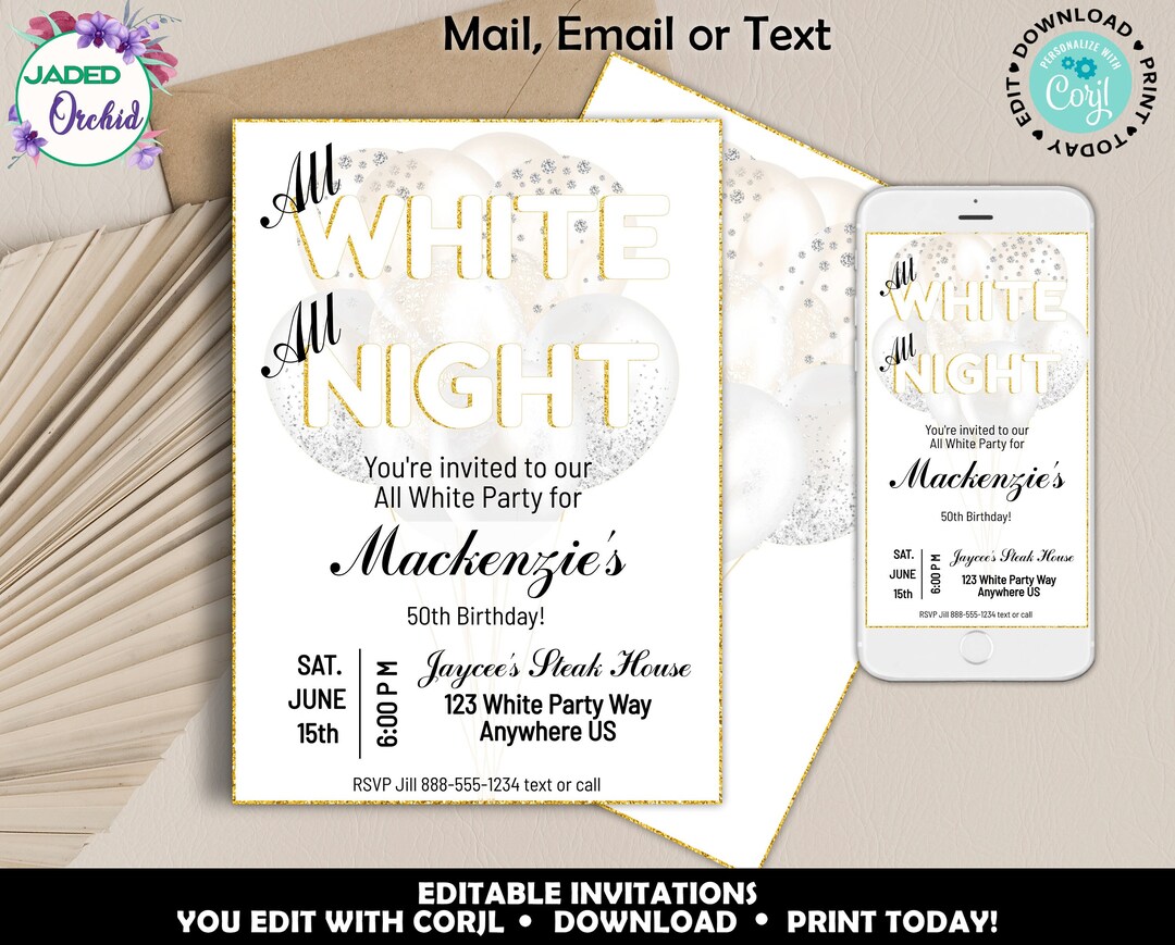 All White Birthday Invitation, Printable Night in All White Party ...