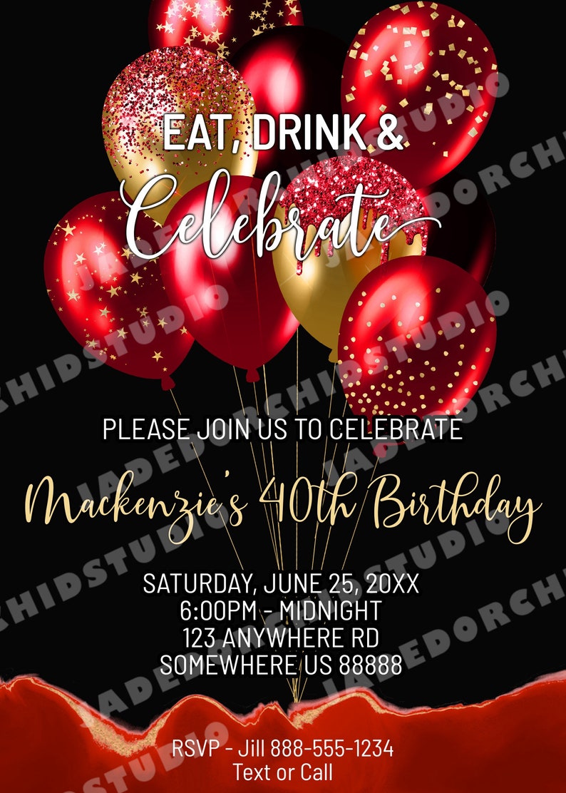 Printable Red Birthday Party Invitation Red and Gold Birthday Etsy