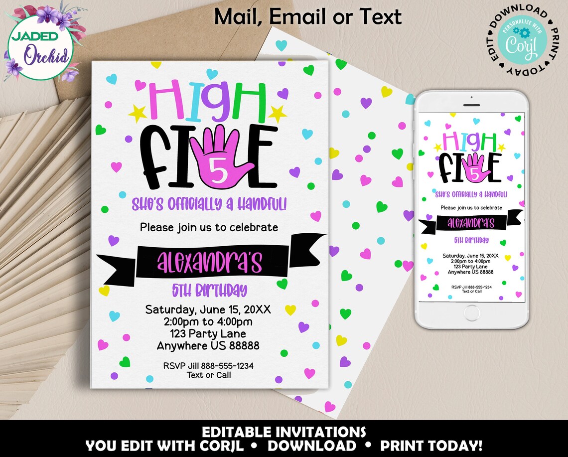 Girls 5th Birthday Party Invitation Printable High Five | Etsy