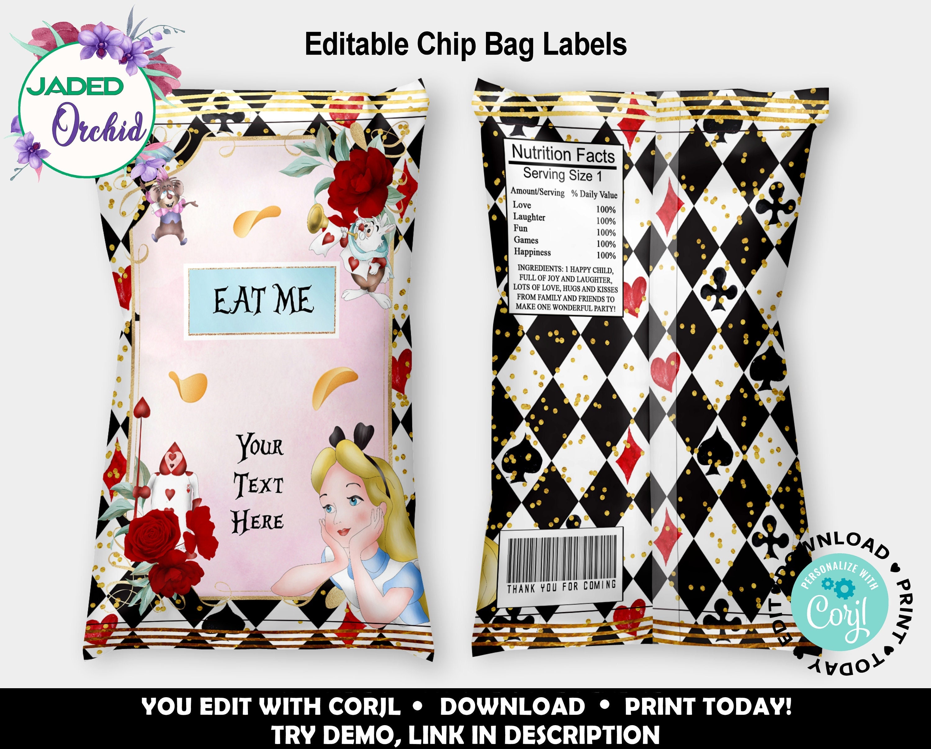 Alice in Wonderland Party Gift/Favor Bag Label EDITABLE Download · Major  Gates