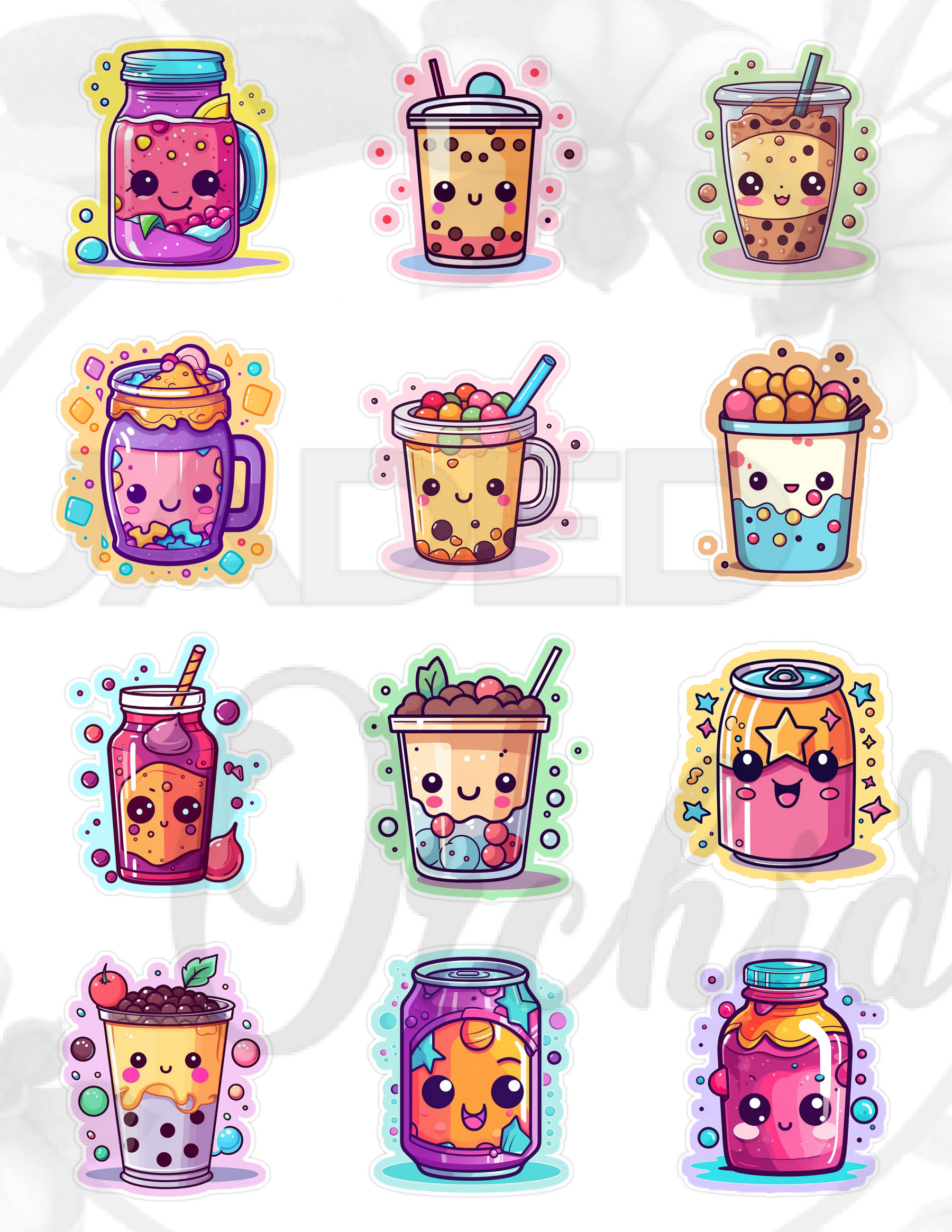 Fun and Happy Refreshment Drinks Stickers, Silly Stickers, Print