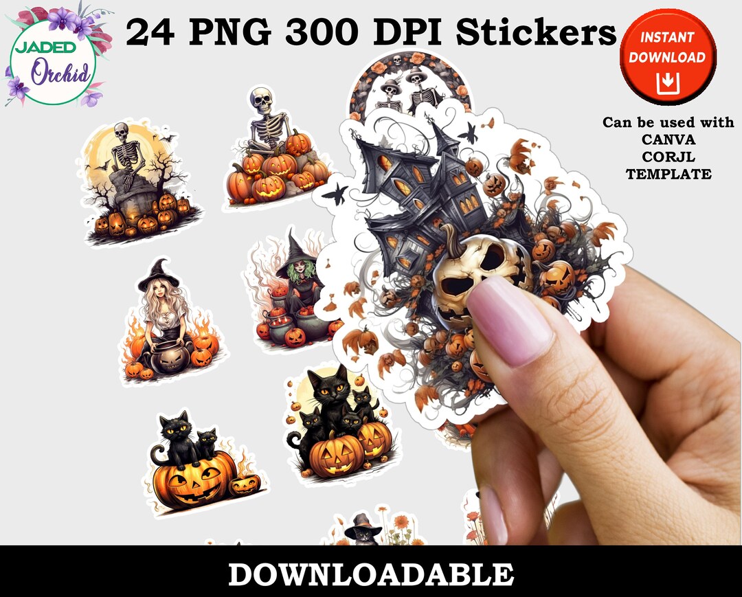 Printable Halloween Illustration Stickers, Watercolor Halloween Print ...
