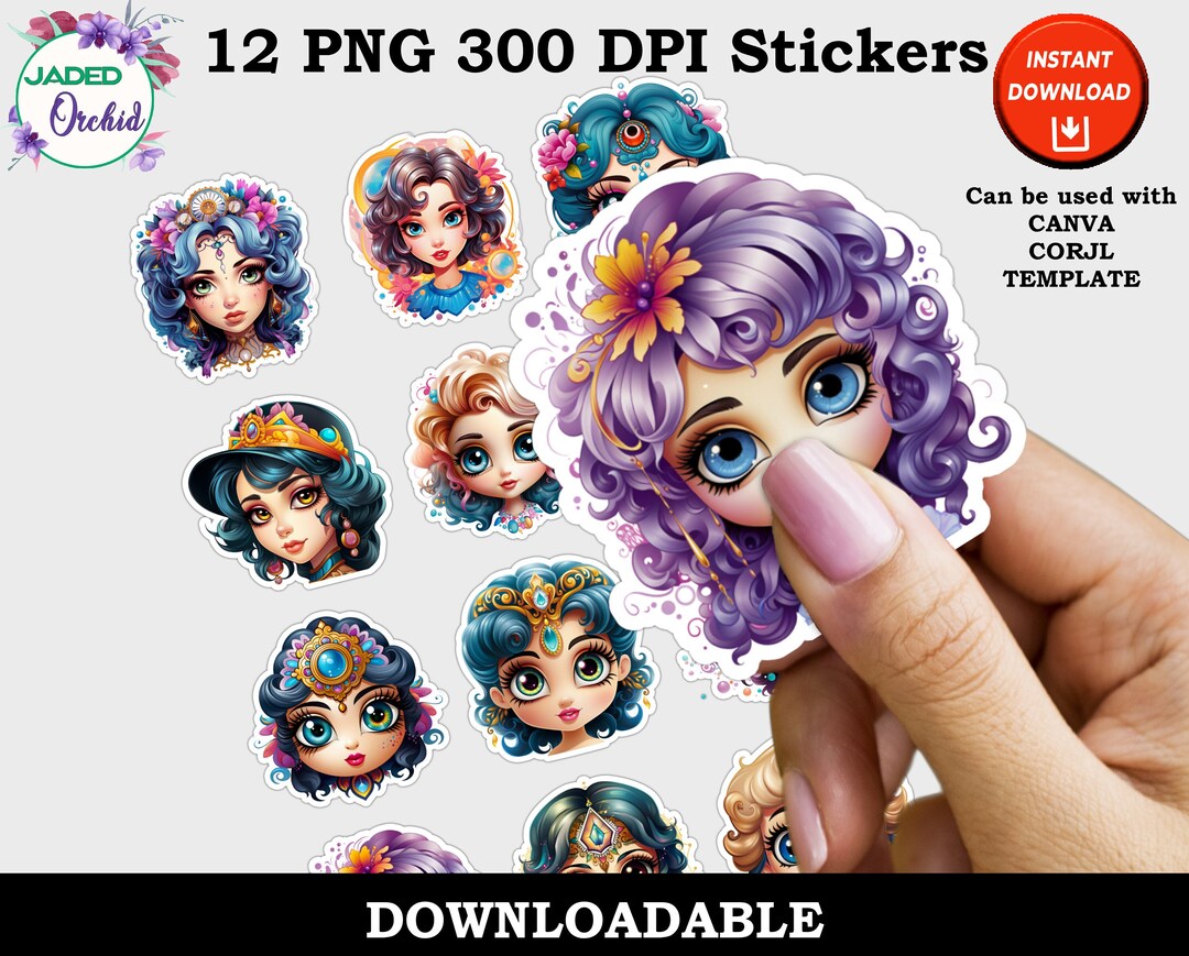Big Eyed Girls Stickers, Cute Girls Print and Cut Digital PNG Sticker ...