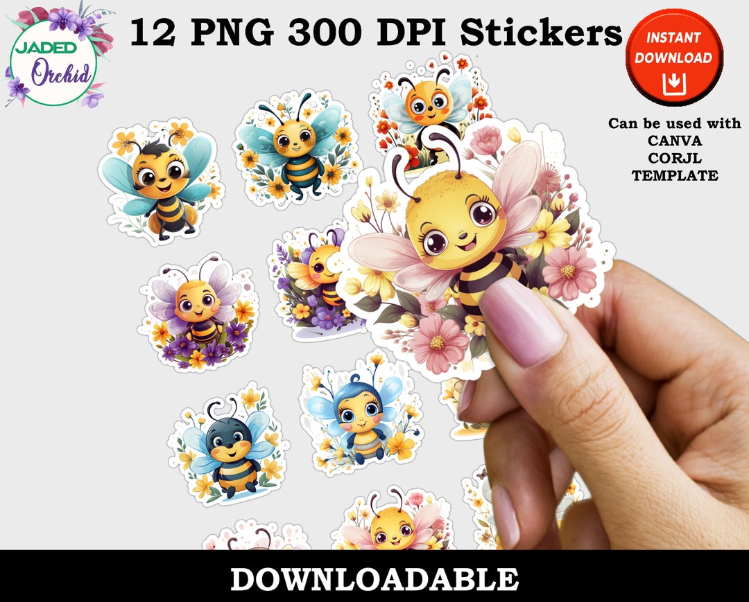 Printable Bees Print and Cut Digital PNG Sticker Sheets, 12 Different ...