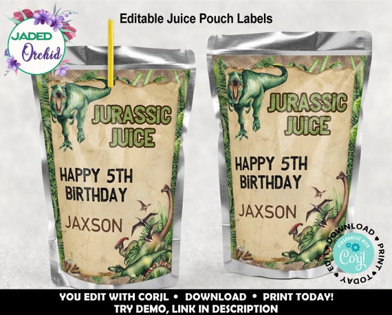 Printable Dinosaur Birthday Juice Pouch Label Editable T-rex - Etsy