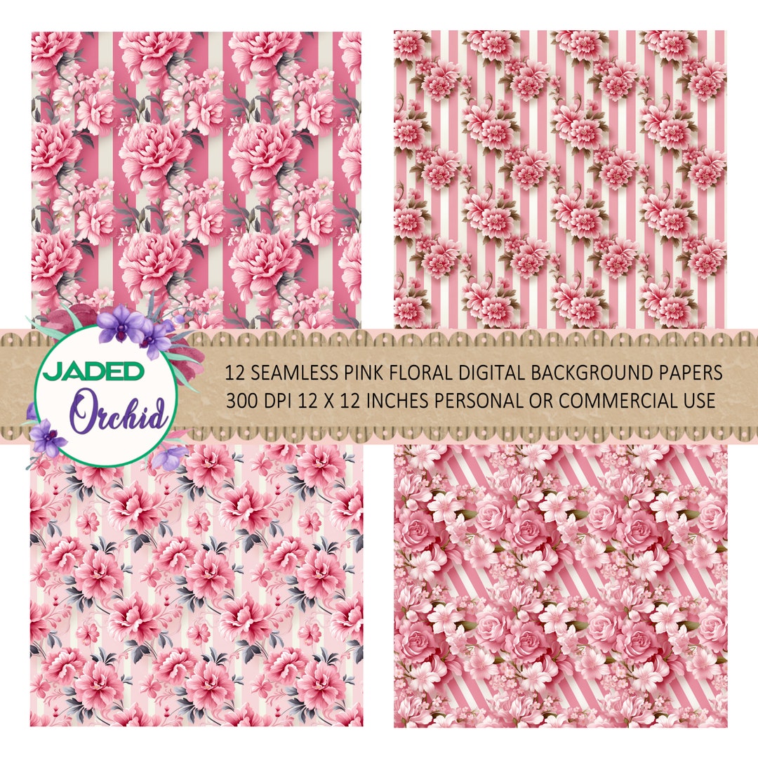 Pink Floral Paper, Pink Flowers Digital Seamless Pattern Paper Floral ...