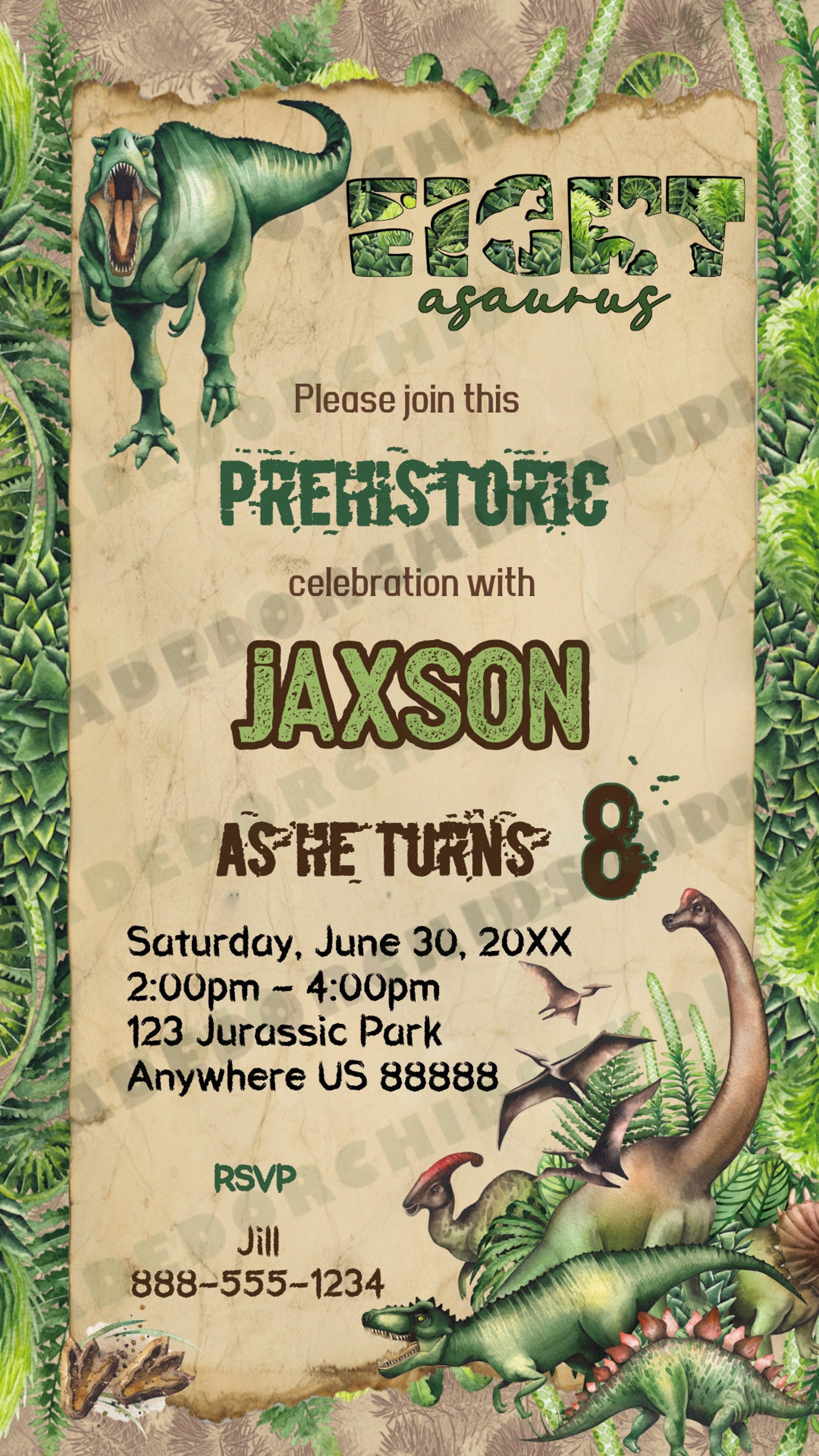 Dinosaur Birthday Invitation Eight Year Old Boys Dinosaur Etsy