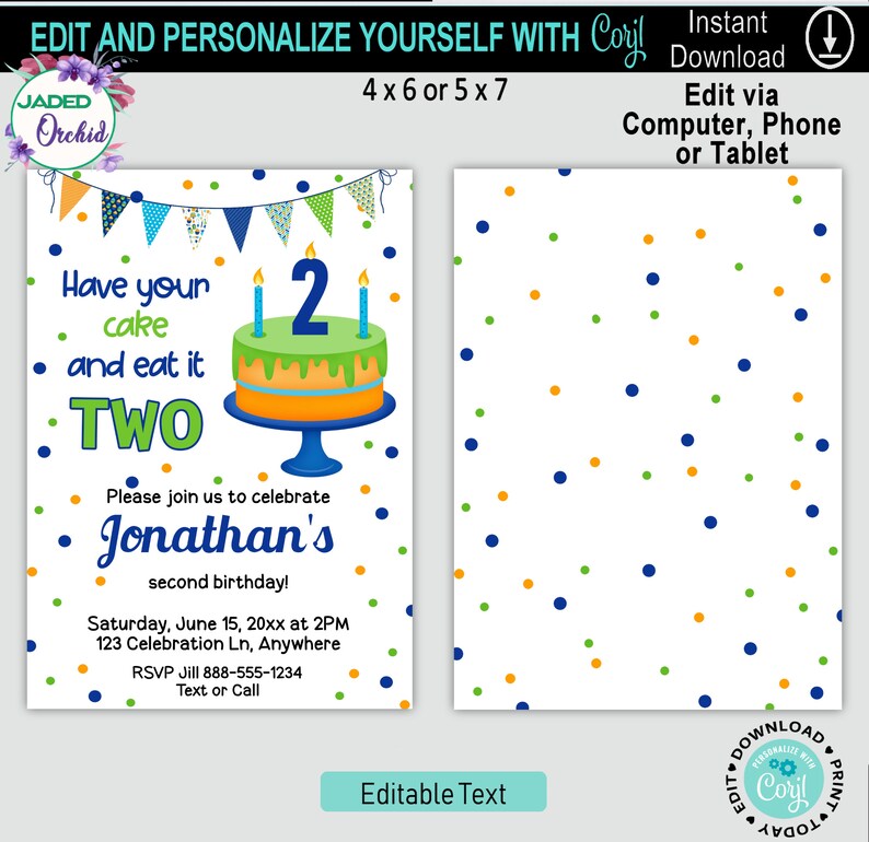 Have Your Cake and Eat It Too 2nd Birthday Invitation Boys Etsy