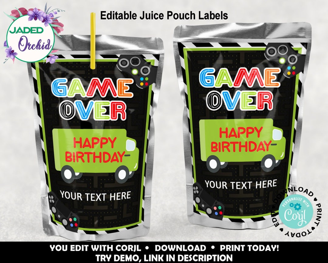 Printable Game Truck Birthday Juice Pouch Label, Video Gamer Juice