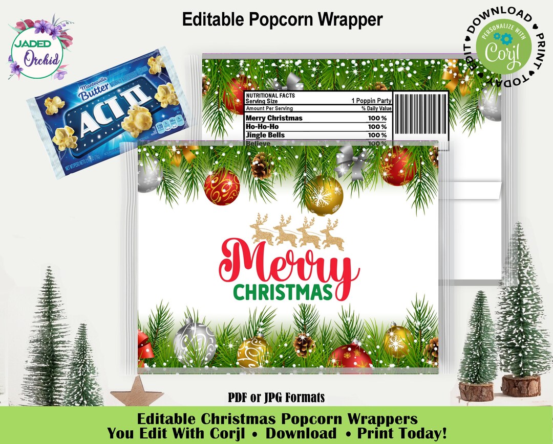 Holiday Popcorn Wrapper, Christmas Popcorn Wrapper, Christmas Party ...