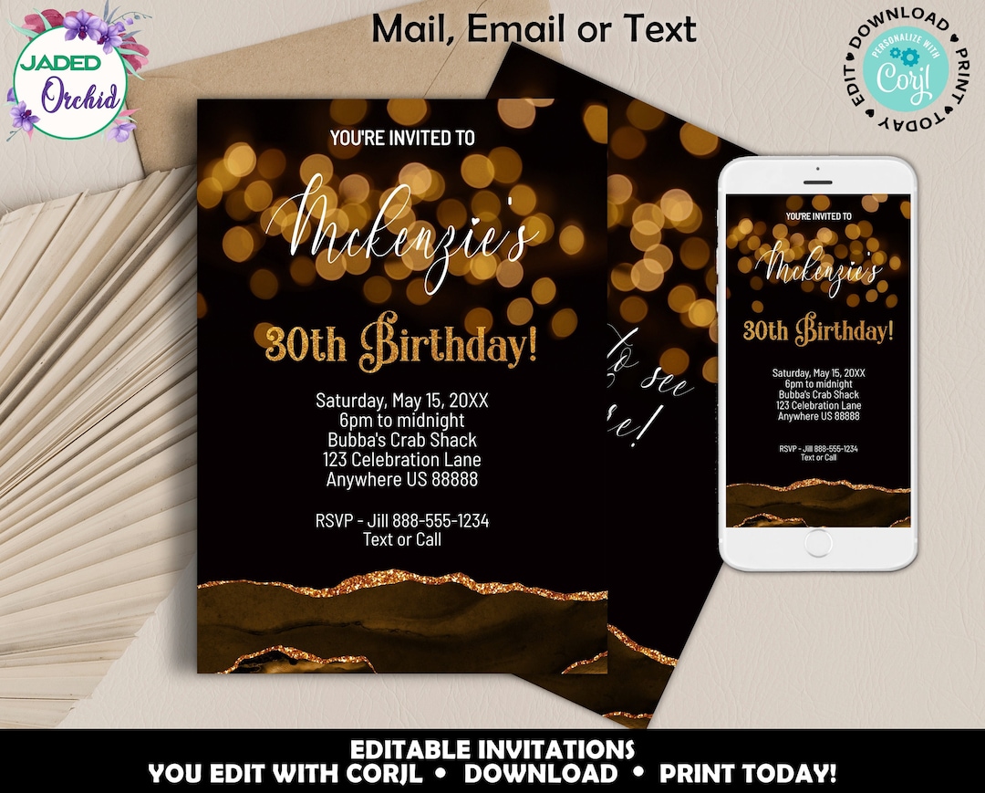 Black and Gold Birthday Party Invitation, Any Age Birthday Party Invite