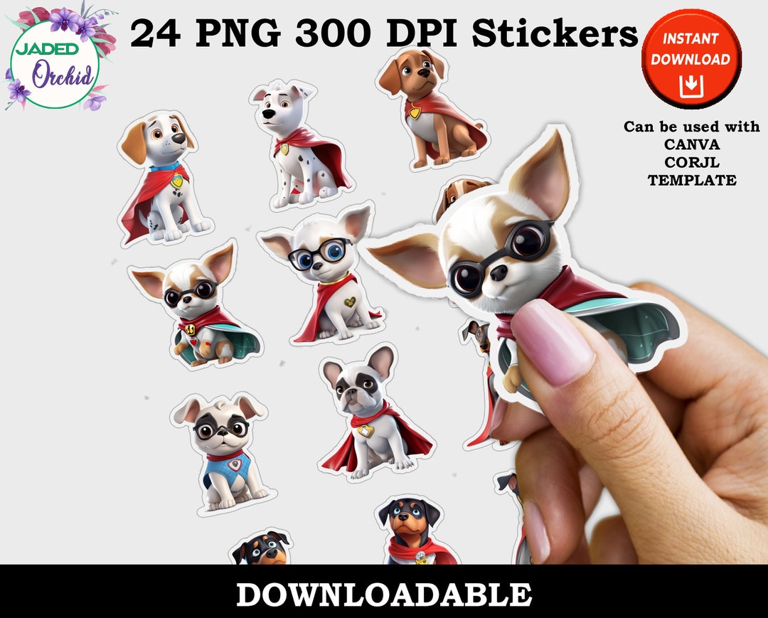 Super Puppy Print and Cut Digital PNG Sticker Sheets, Super Dog Stickers, 24 Various Dog Breeds ...